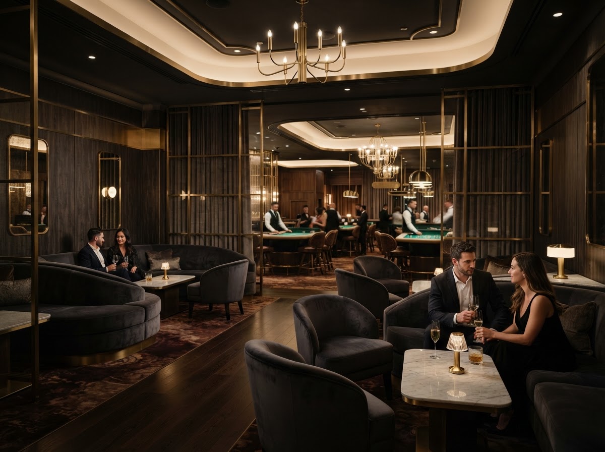 Private casino lounge with velvet seating and brass details