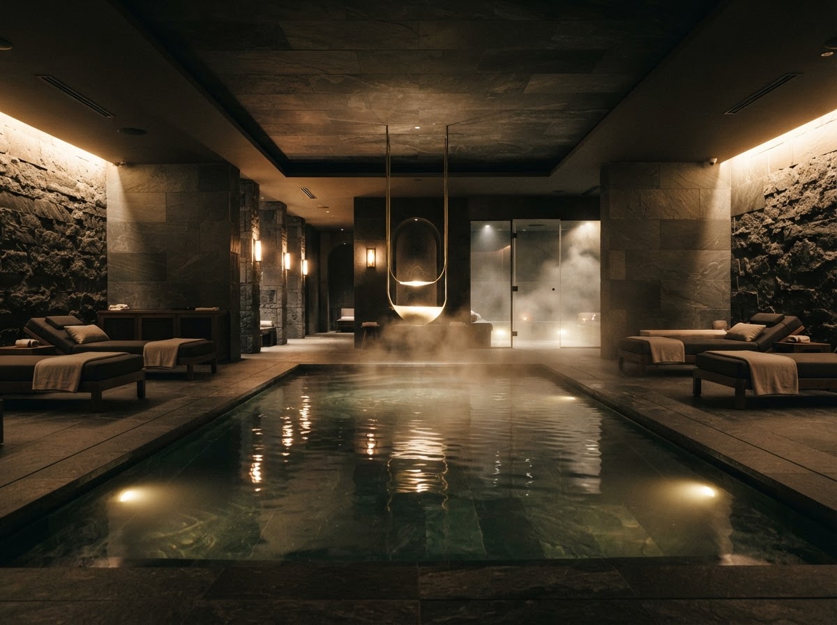 Tranquil dark stone spa and reflection pool